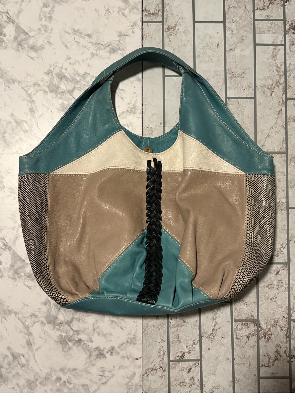 Foley & Corinna Teal and Beige Colorblock Leather Bag with Braided Accent